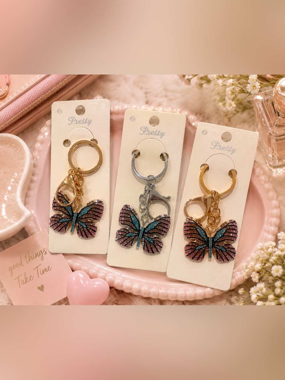 3 Pink & Teal Butterfly Keychains with Sparkle Rhinestones